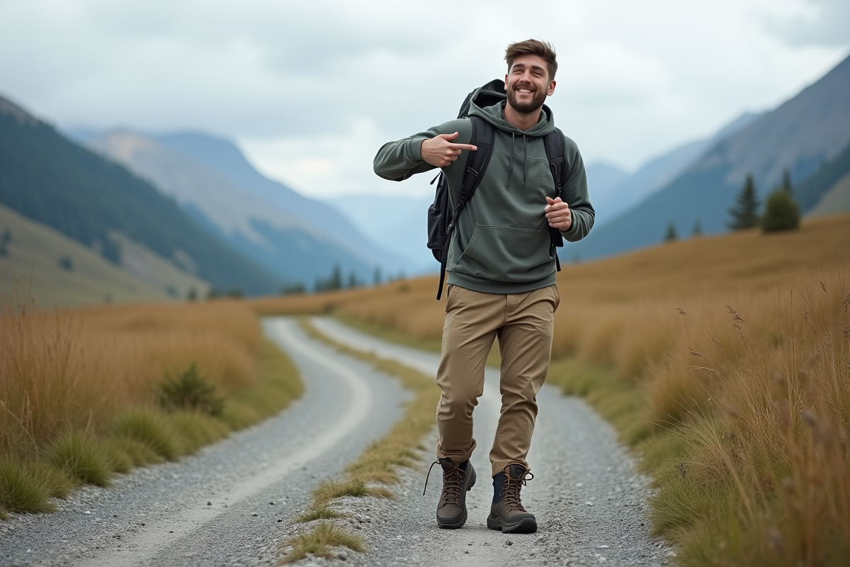 Jeune homme montrant chaussures de randonnée en plein air