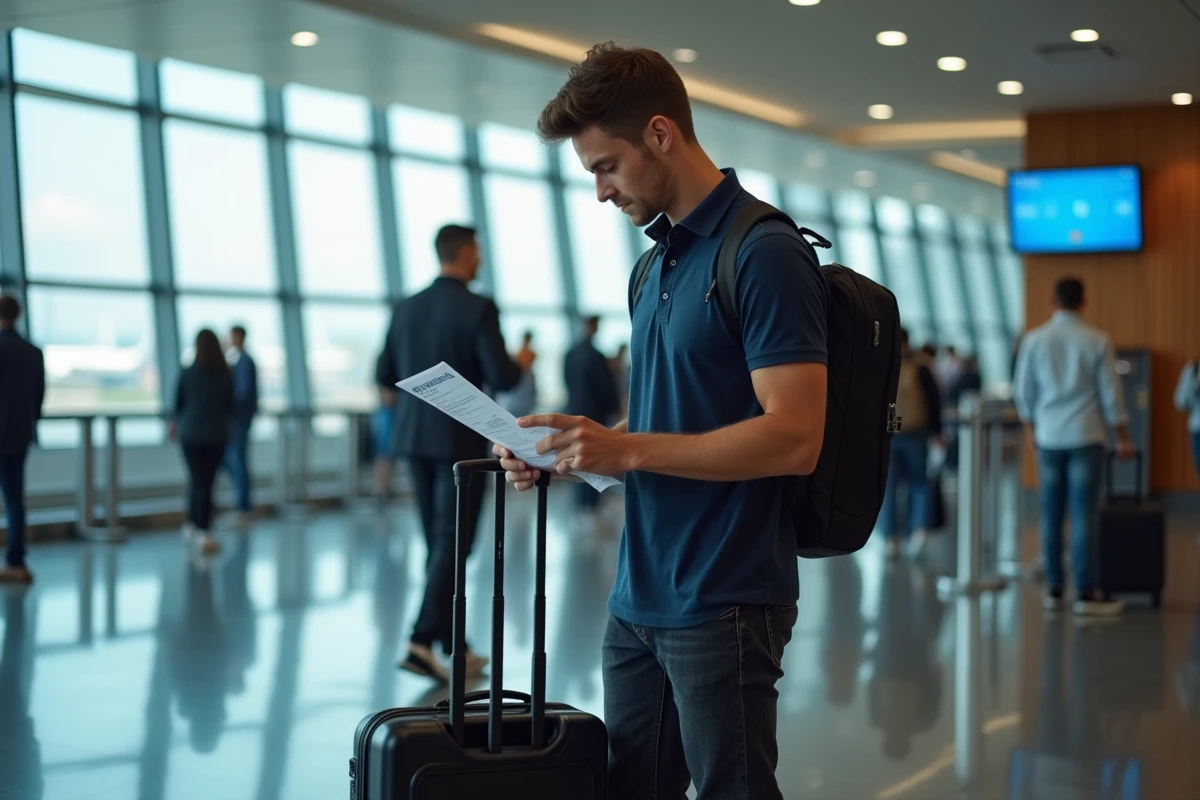 Jeune homme v&eacute;rifiant son billet &agrave; un kiosque d