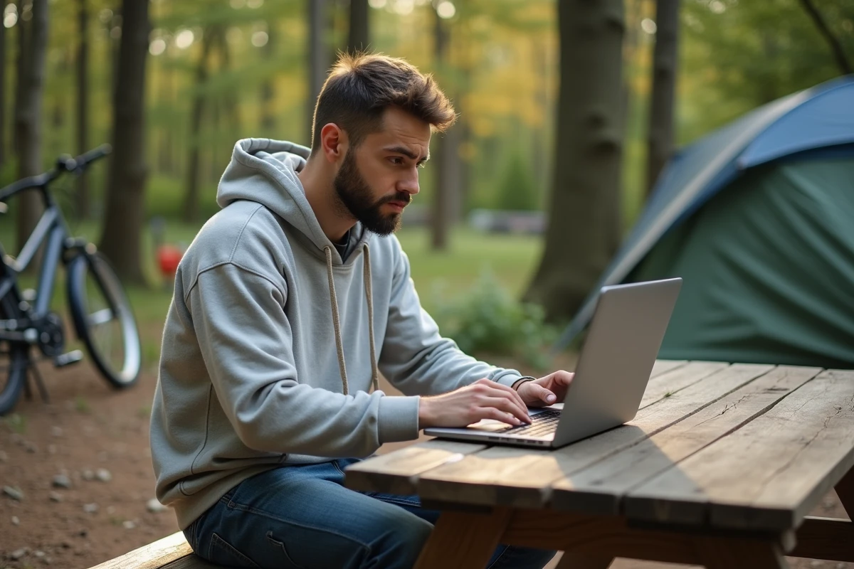 Jeune homme utilisant un ordinateur portable en camping
