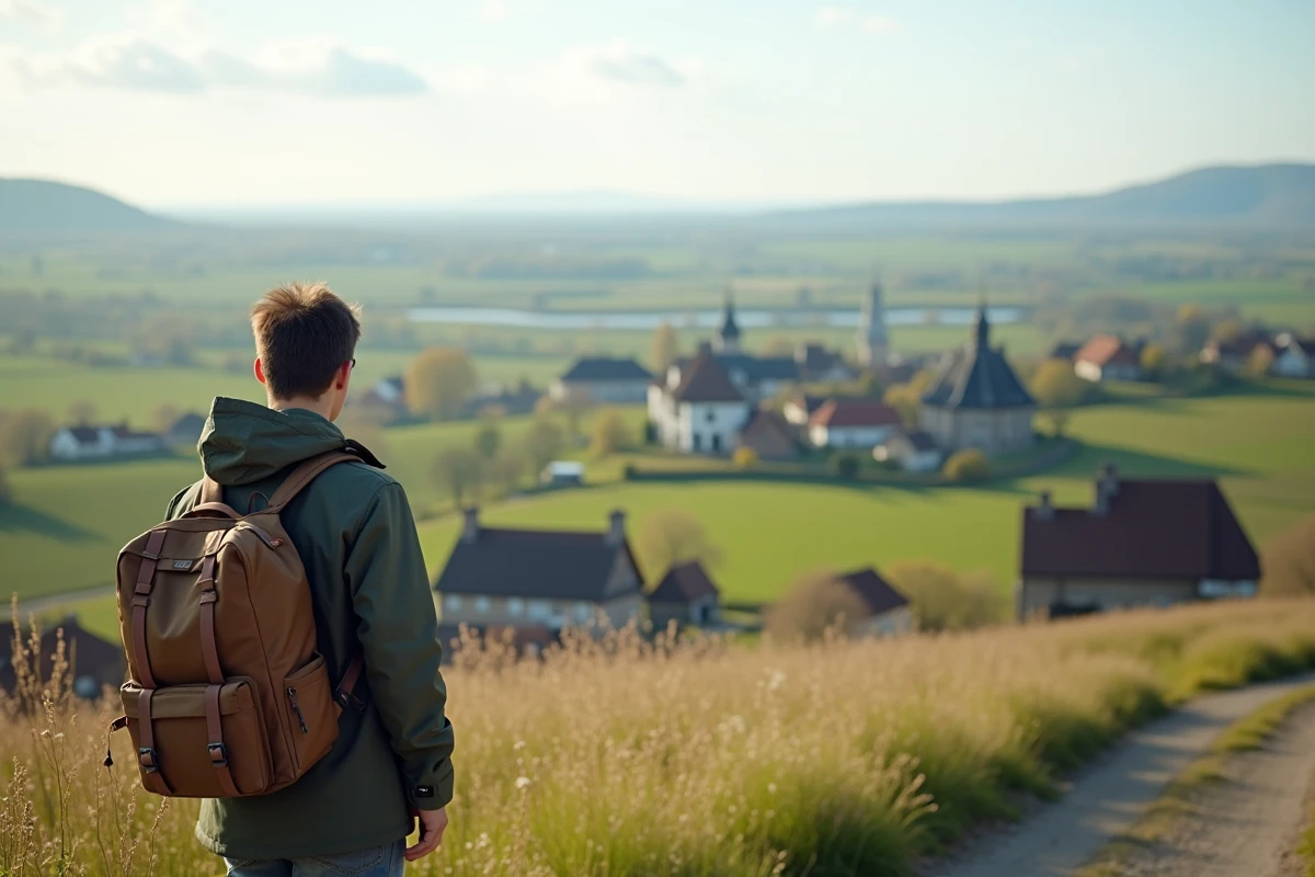 Jeune homme admire le paysage rural de Gummering