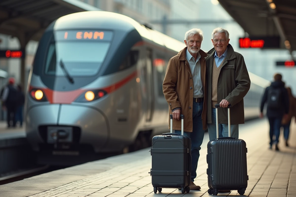 Jeune homme et son père sur une plateforme de train en Europe