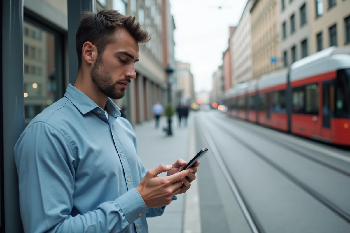 Jeune homme en chemise utilise son smartphone &agrave; un arr&ecirc;t de tram