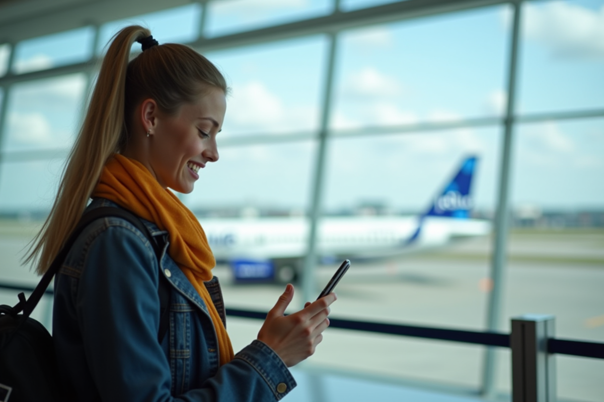 Jeune voyageur vérifiant les horaires de vol à l'aéroport avec JetBlue