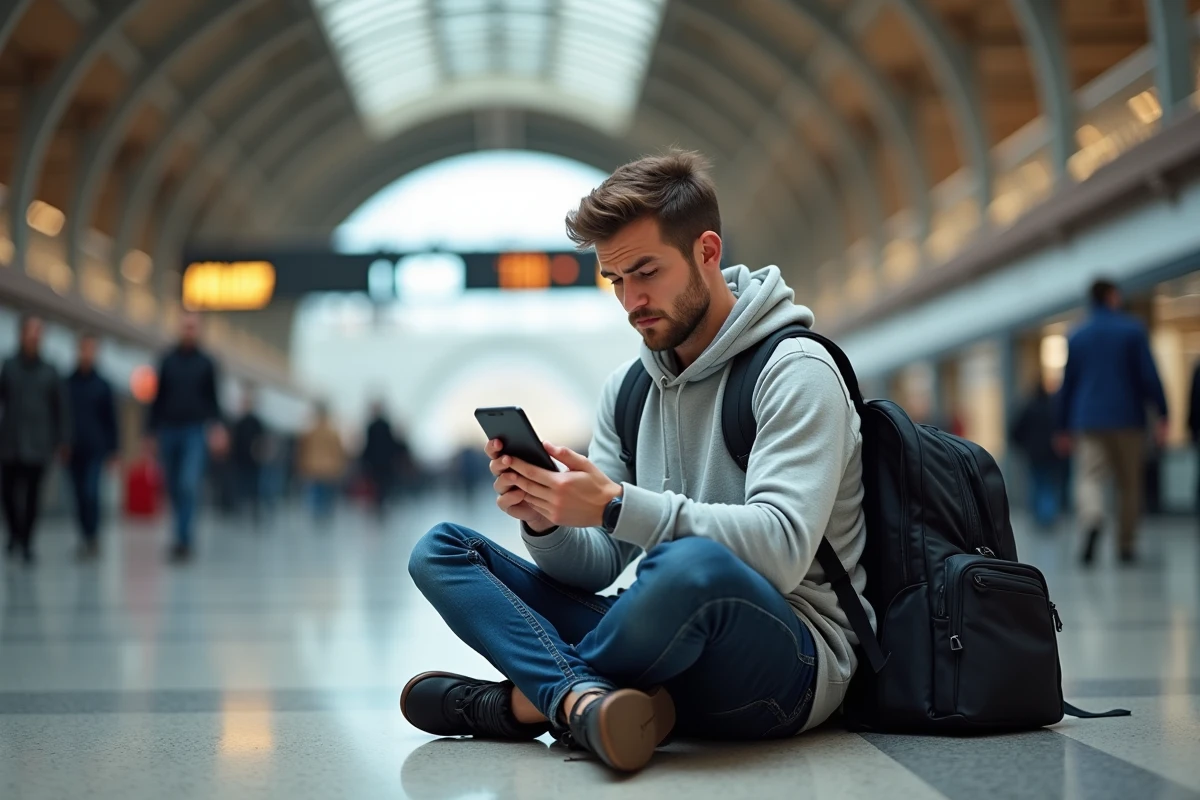 Jeune voyageur consultant l'application Eurail dans un grand hall de gare européenne