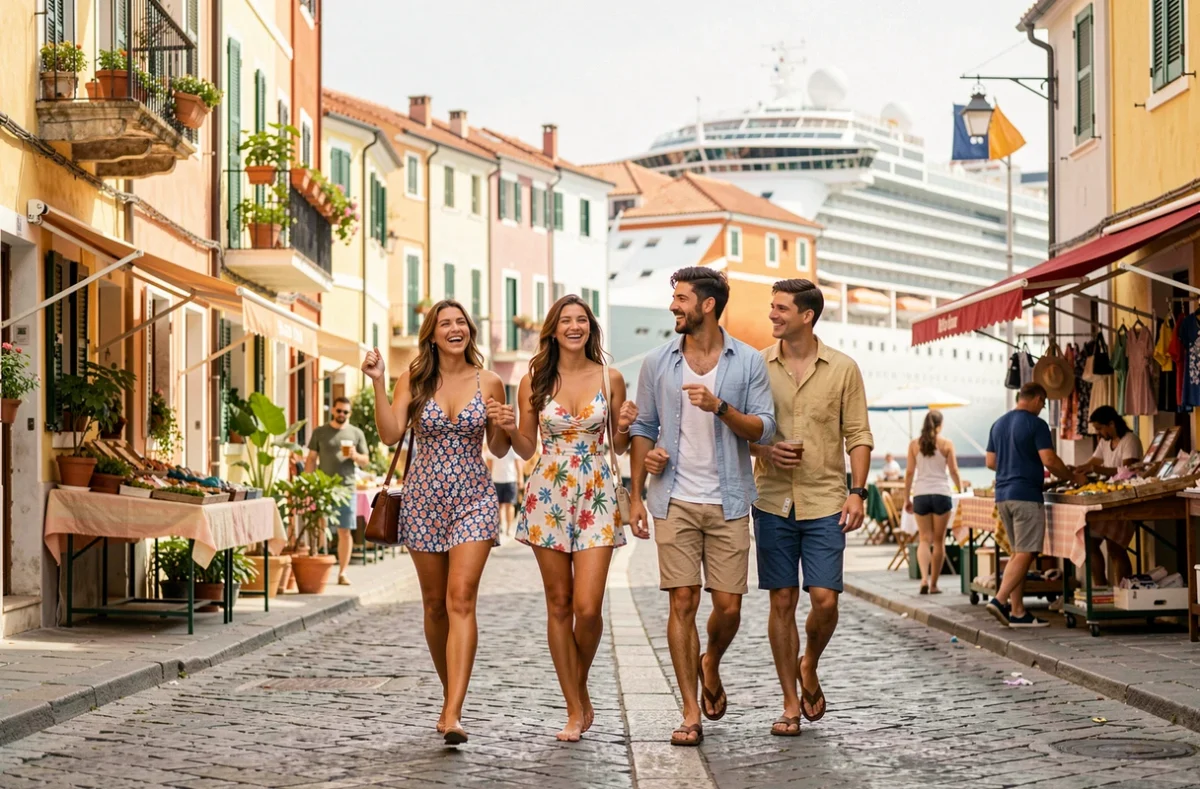 Jeunes voyageurs explorant un port méditerranéen lors d'une escale de croisière