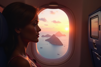 Passager regardant par la fenetre d'avion au lever du soleil avec vue sur les iles tropicales