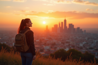 Personne souriante avec sac à dos au lever du soleil sur la ville