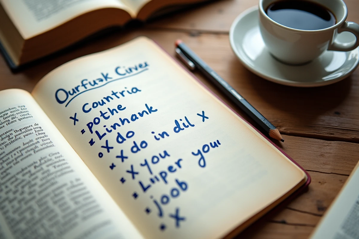 Vue aérienne d'une liste manuscrite de villes et pays commençant par la lettre X sur un cahier posé sur une table en bois avec dictionnaire et crayon