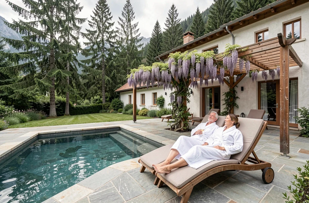 Terrasse spa et piscine extérieure de Lou Cèu Sin, maison d'hôtes en Rhône-Alpes entourée de pins et de pergola en bois