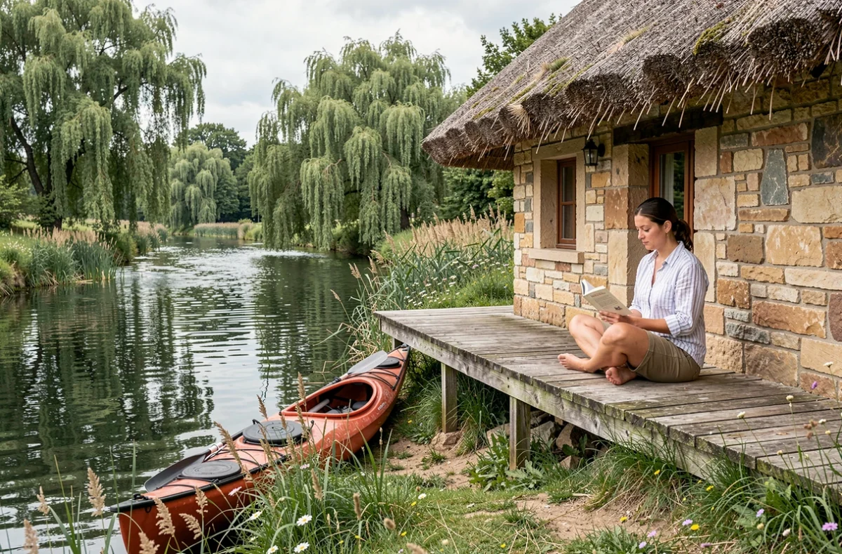 Terrasse en bois du gîte Ma Villa au Bord de l'Eau surplombant une rivière calme dans le Puy-de-Dôme