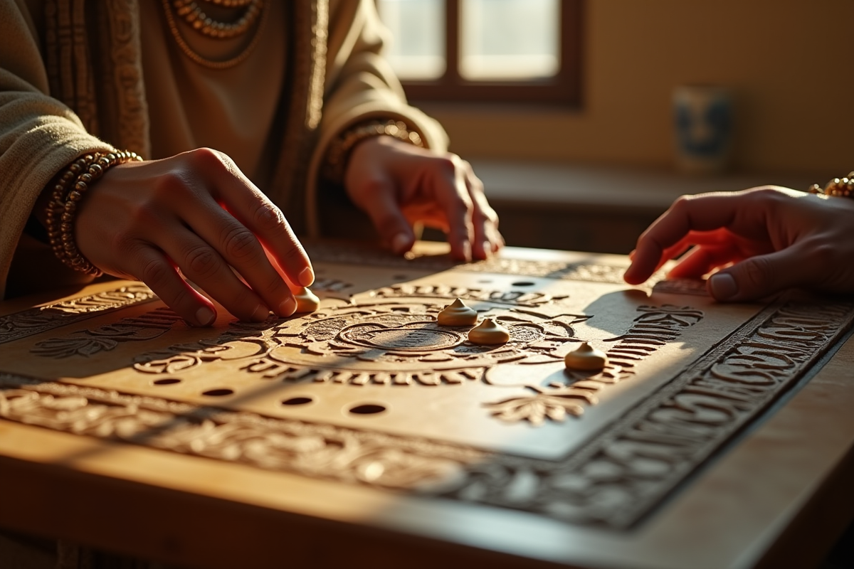 Détail de mains jouant au senet avec carvings symboliques