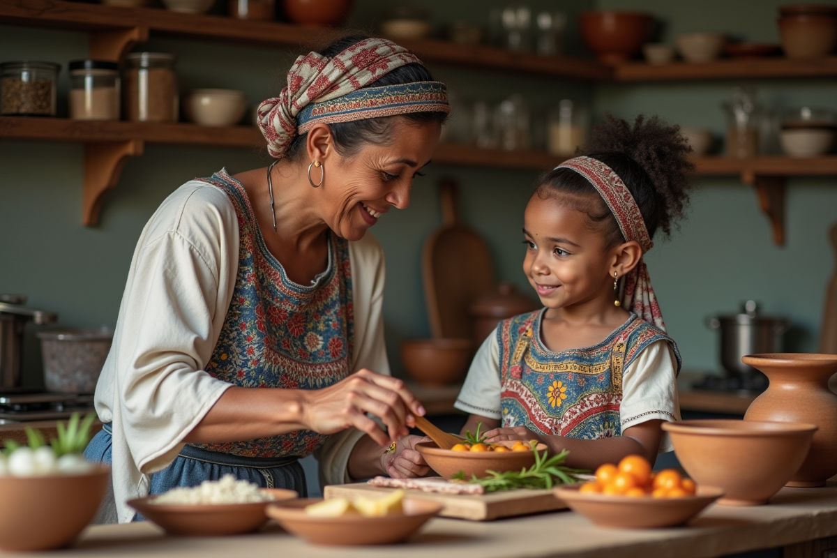 Maman et enfant préparant un repas dans une cuisine chaleureuse