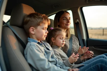 Maman et enfants prient dans la voiture en voyage