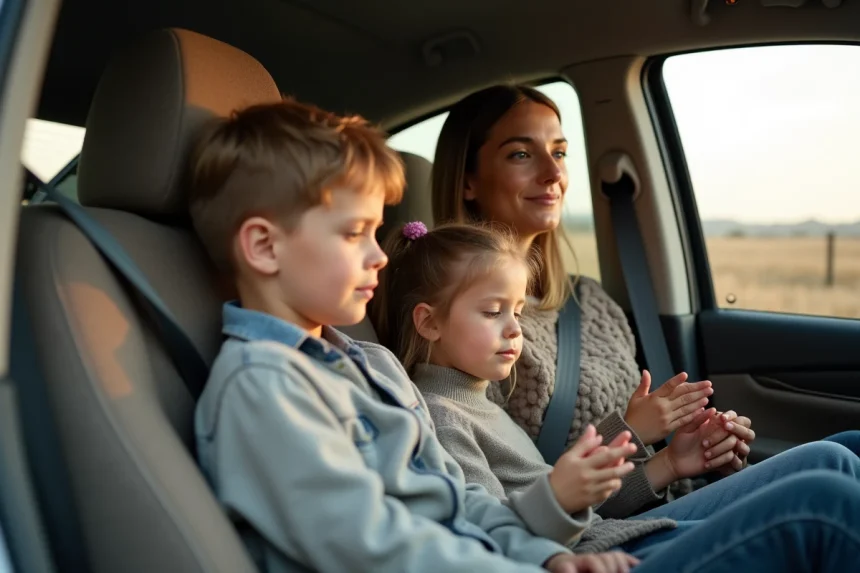 Maman et enfants prient dans la voiture en voyage