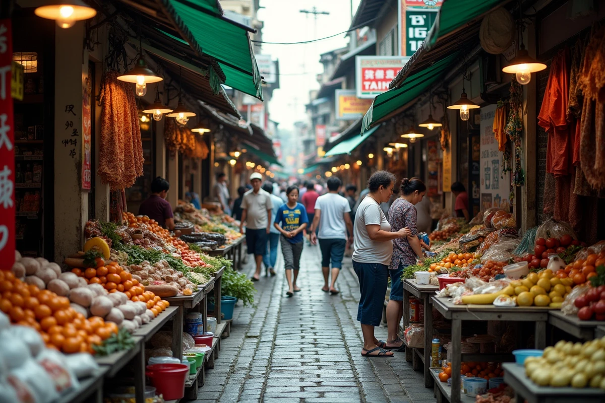 Marché animé en Asie du Sud-Est symbolisant l'économie locale et le commerce traditionnel des pays asiatiques