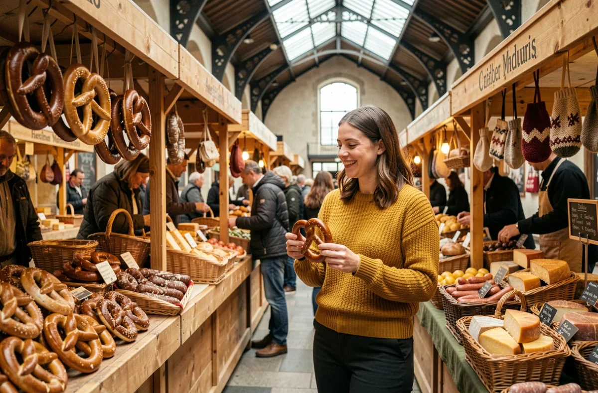 Femme explorant un marché couvert traditionnel allemand avec des spécialités locales lors d'un voyage en Allemagne