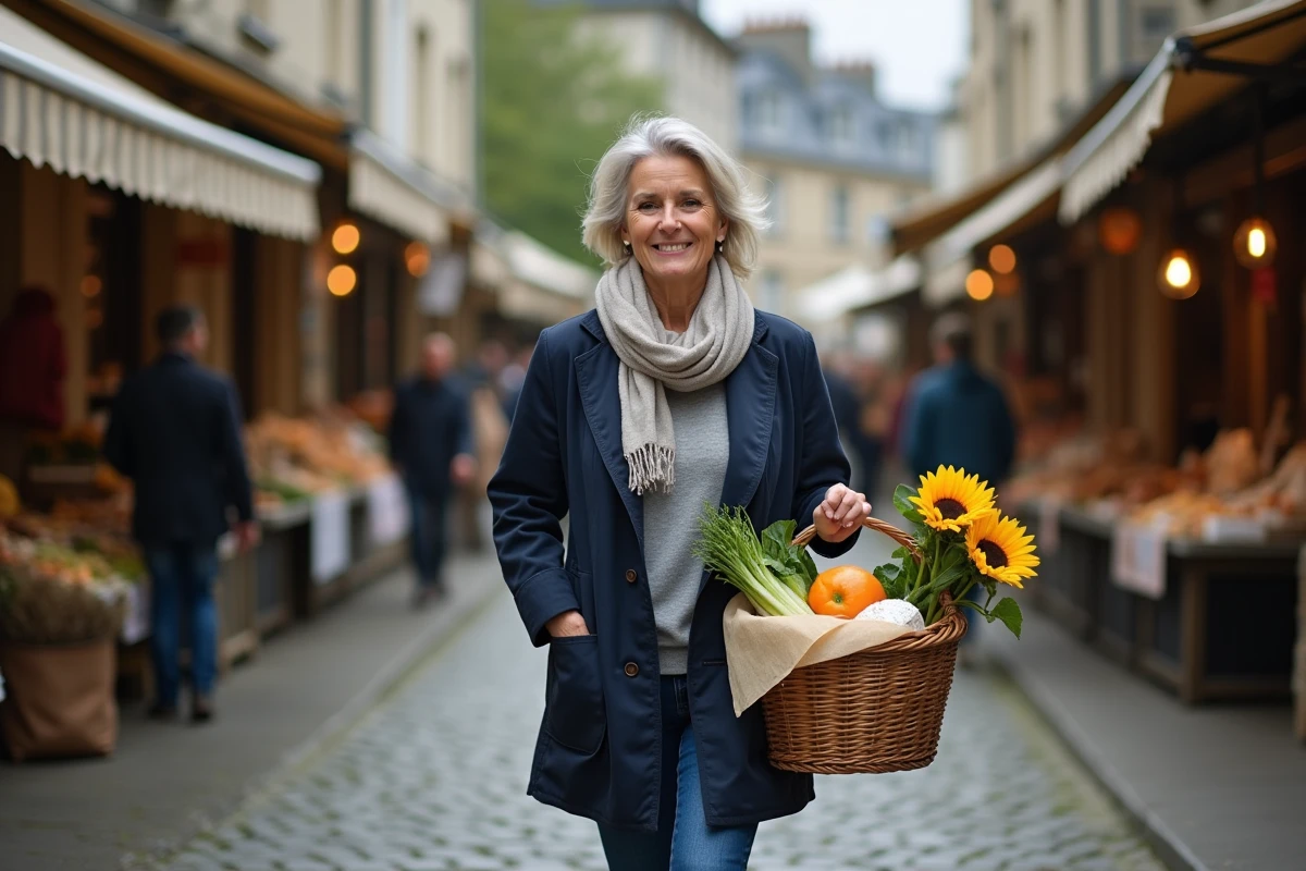 Femme se promenant au marché gourmand de Saint-Valery-sur-Somme avec un panier en osier rempli de produits locaux et de fromages