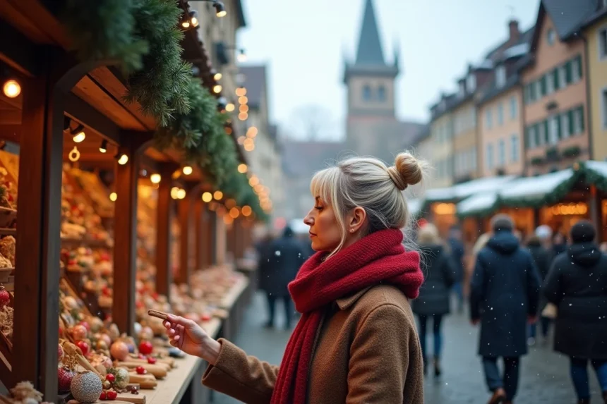 Marché de Noël animé de Strasbourg en Alsace avec une femme parcourant des stands artisanaux décorés de branches de sapin sous un ciel hivernal gris