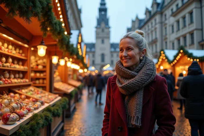 Femme en manteau bordeaux explorant un marché de Noël viennois sous la neige avec la façade du Rathaus en arrière-plan