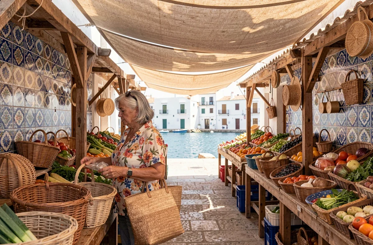 Marché estival animé dans une ville balnéaire espagnole avec artisanat local et vue sur la mer