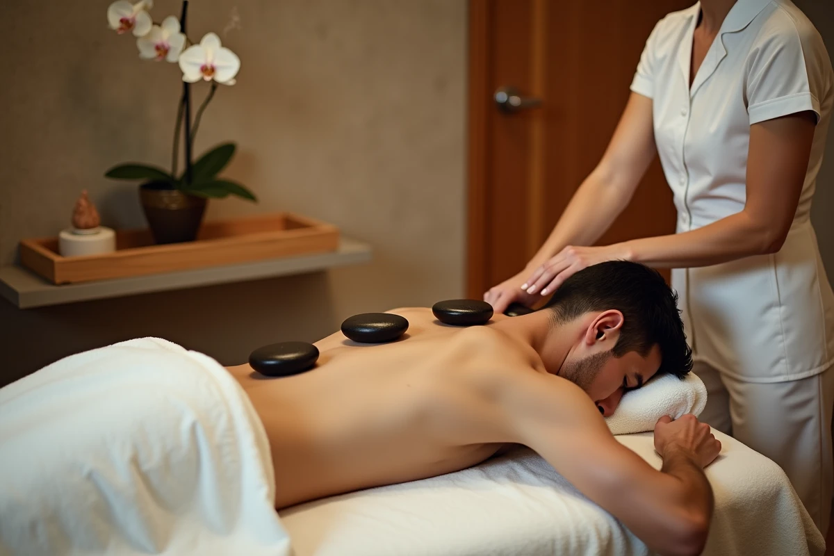Homme recevant un massage aux pierres chaudes dans une cabine de spa hôtel pendant une pause journée