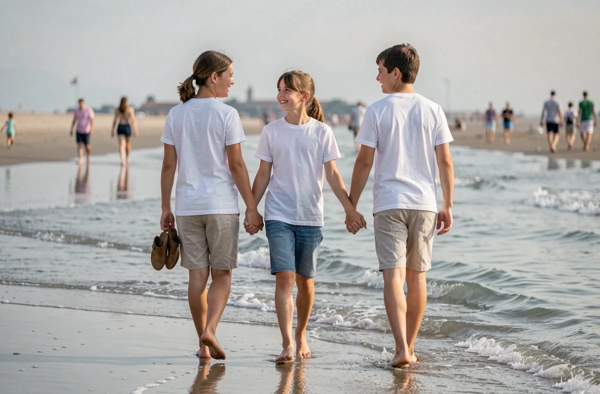 Mère et ses deux adolescents marchant pieds nus au bord de l'eau sur une plage italienne tranquille près de Pise