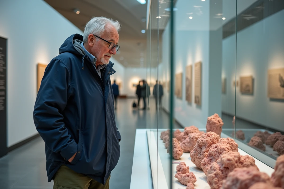 Homme examinant des minéraux de granit rose dans un musée du littoral pendant une journée pluvieuse en Bretagne