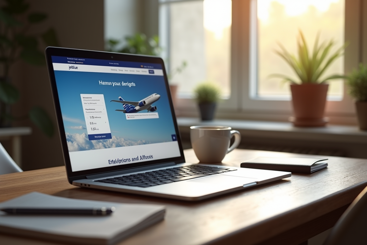 Ordinateur portable affichant une réservation JetBlue à la maison