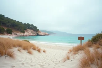 Plage de Palombaggia déserte en hors saison avec ses rochers de granit rose et son eau turquoise en automne