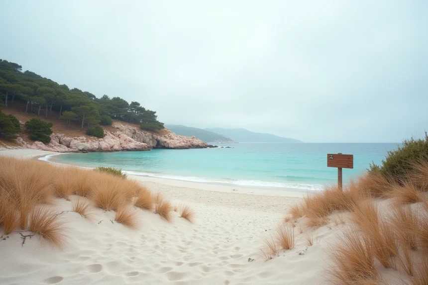 Plage de Palombaggia déserte en hors saison avec ses rochers de granit rose et son eau turquoise en automne
