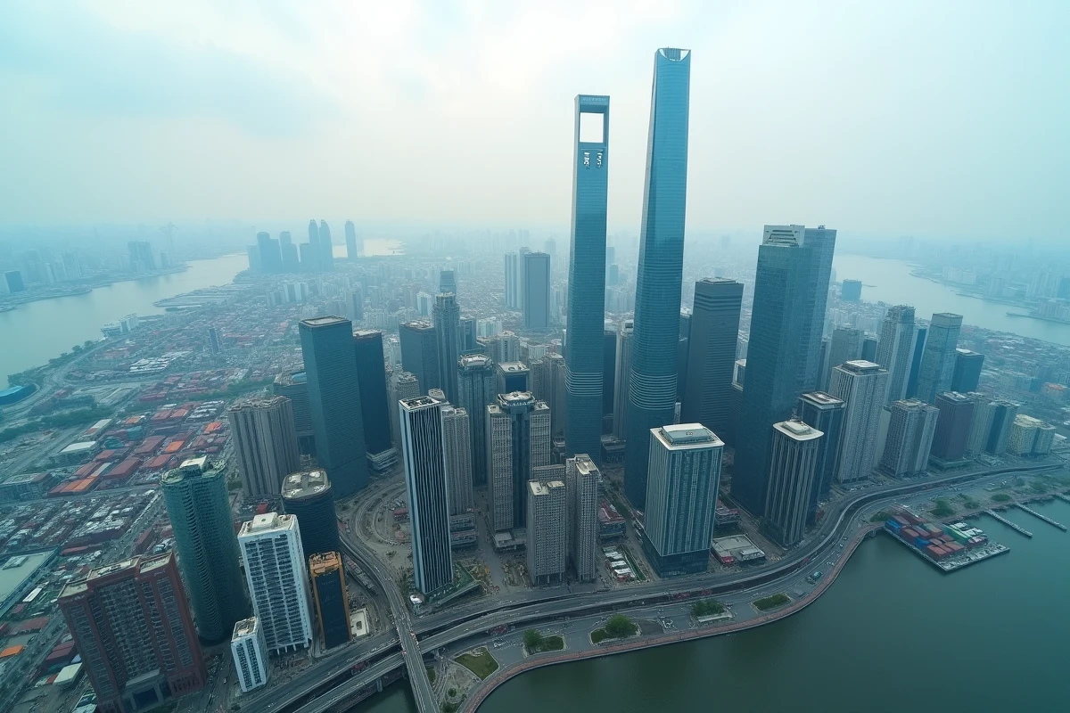 Vue panoramique d'une grande métropole financière asiatique illustrant la puissance économique et le PIB des pays d'Asie