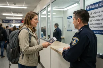 Voyageuse présentant son passeport à un agent des douanes au poste frontière d'Espagne Dancharia