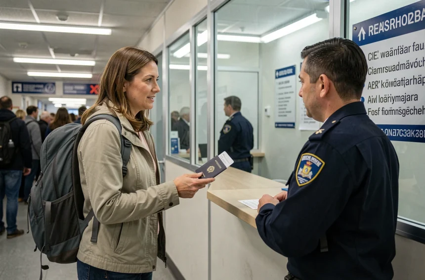 Voyageuse présentant son passeport à un agent des douanes au poste frontière d'Espagne Dancharia