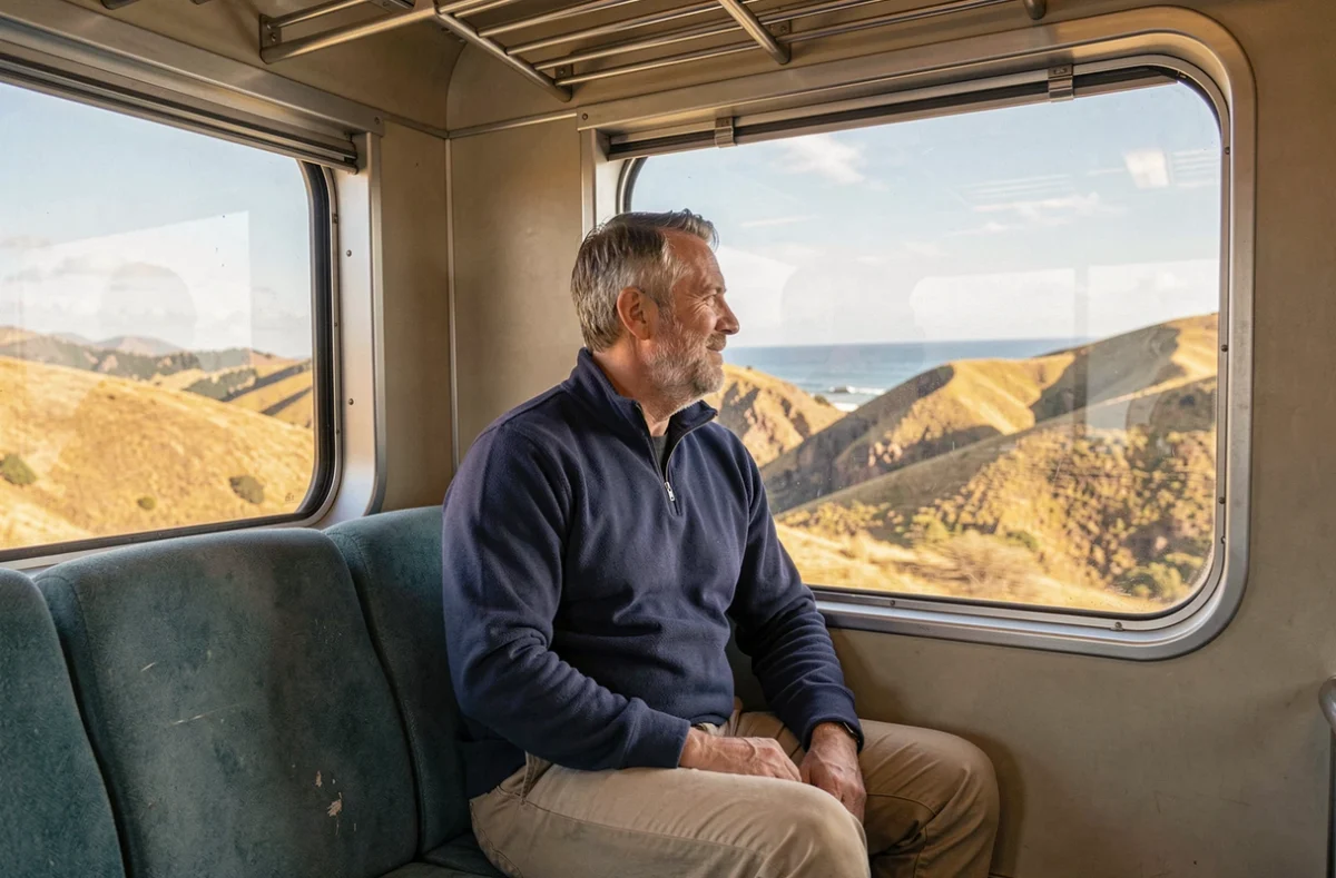 Passager dans un train Amtrak observant le paysage californien entre Los Angeles et San Francisco