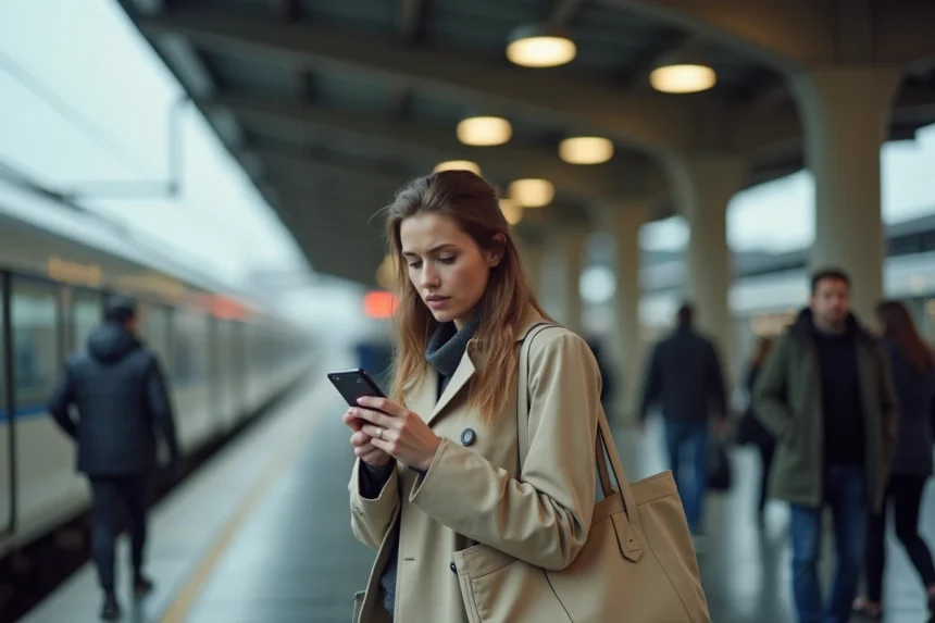 Femme consultant son téléphone sur un quai de gare après une annulation de trajet BlaBlaCar