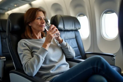 Femme assise confortablement en classe premium en avion