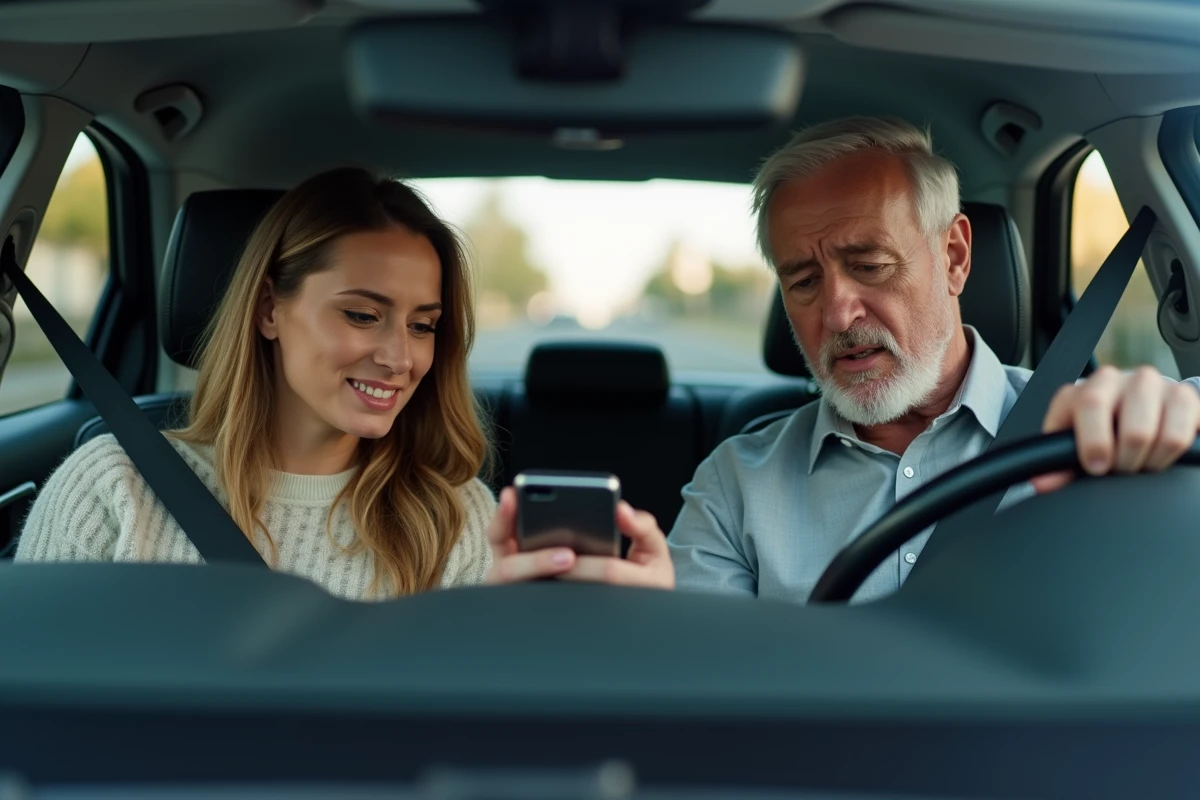 Passagers BlaBlaCar consultant leurs droits sur smartphone lors d'un trajet en covoiturage perturbé