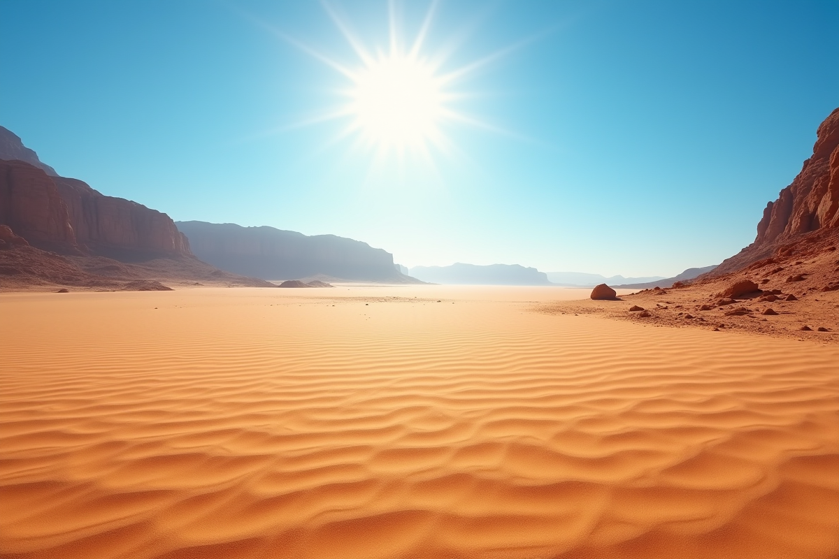Paysage désertique brûlant sous un ciel bleu chaud