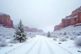 Paysage hivernal grandiose dans l'Ouest américain avec des formations rocheuses rouges recouvertes de neige et un ciel gris d'hiver