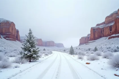 Paysage hivernal grandiose dans l'Ouest américain avec des formations rocheuses rouges recouvertes de neige et un ciel gris d'hiver