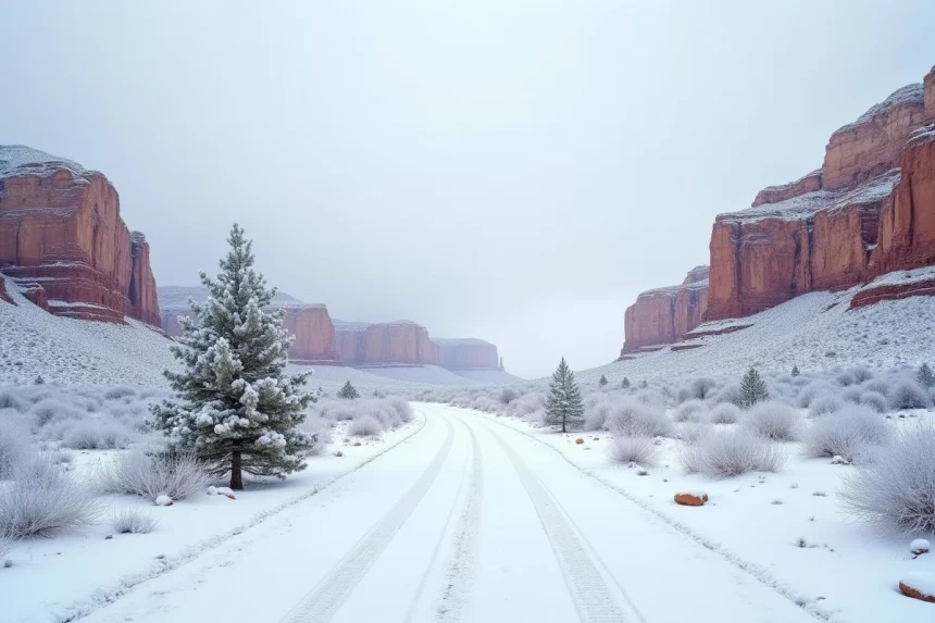 Paysage hivernal grandiose dans l'Ouest américain avec des formations rocheuses rouges recouvertes de neige et un ciel gris d'hiver