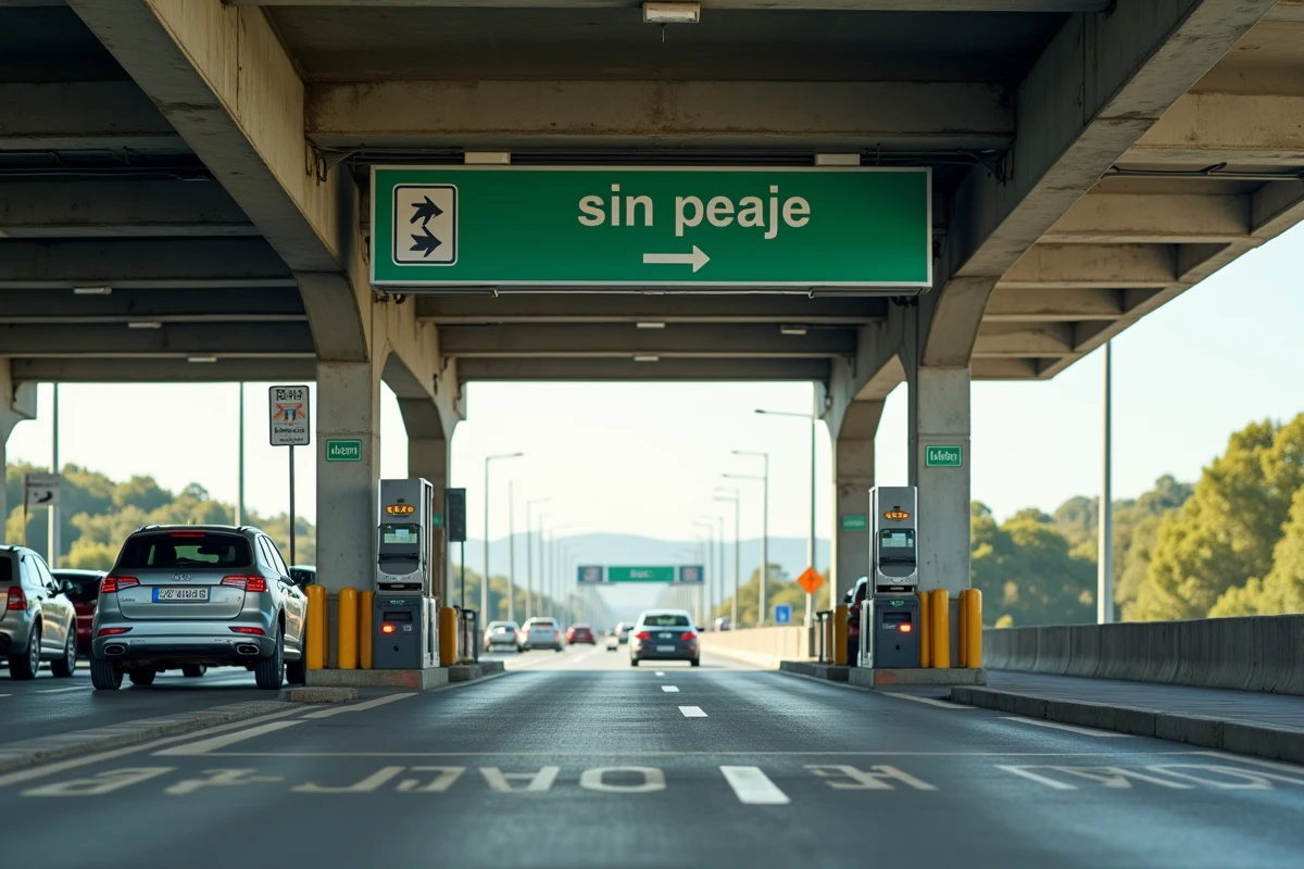 Péage désactivé sur une autoroute espagnole avec panneau d'information sur la gratuité