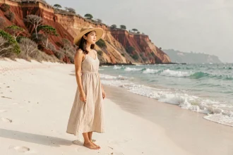 Jeune femme sur la plage de Kuta Lombok avec falaises et vagues turquoise en arrière-plan