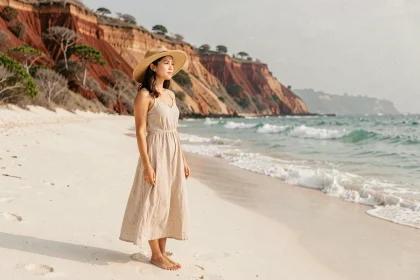 Jeune femme sur la plage de Kuta Lombok avec falaises et vagues turquoise en arrière-plan