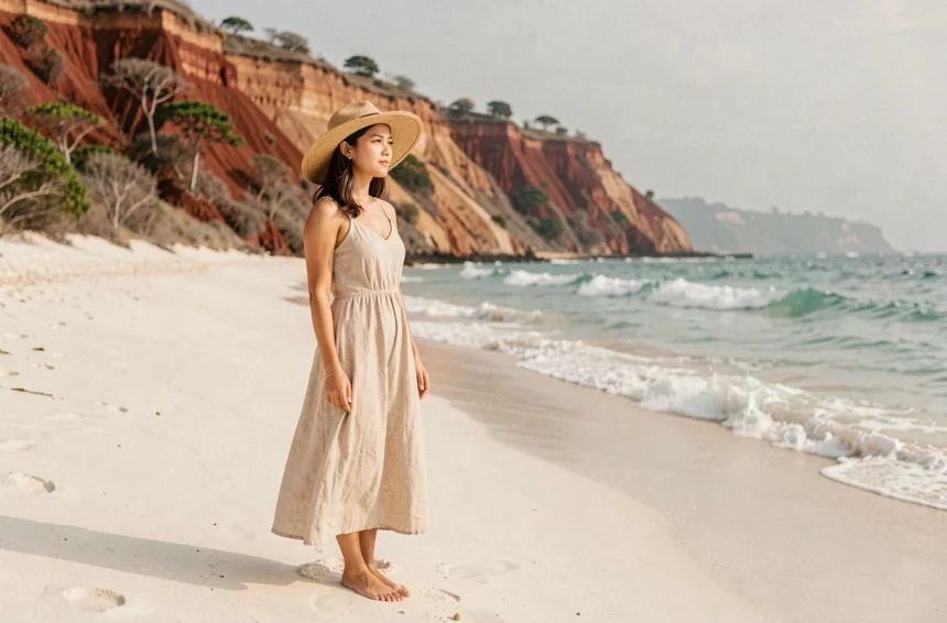 Jeune femme sur la plage de Kuta Lombok avec falaises et vagues turquoise en arrière-plan