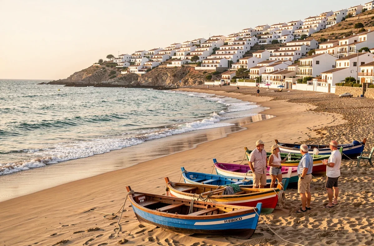 Plage espagnole traditionnelle avec barques colorées, village blanc en arrière-plan et ambiance méditerranéenne authentique