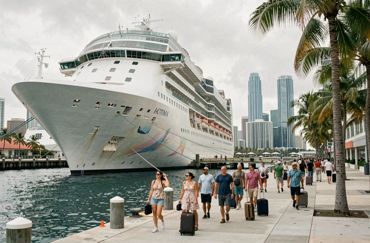 Vue panoramique du port de Miami avec un paquebot de croisière amarré et des voyageurs sur le quai