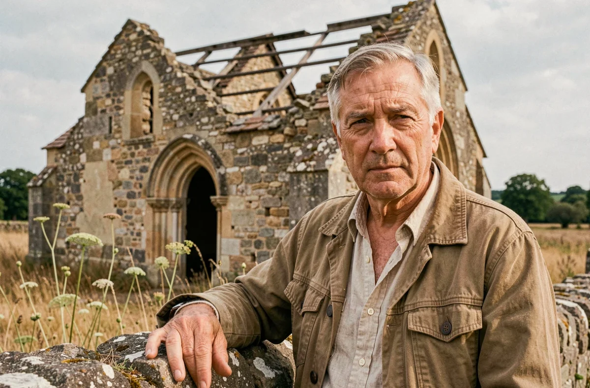 Portrait d'un homme âgé devant une chapelle romane en ruine dans un hameau abandonné du Périgord, symbole du déclin du patrimoine architectural rural en France