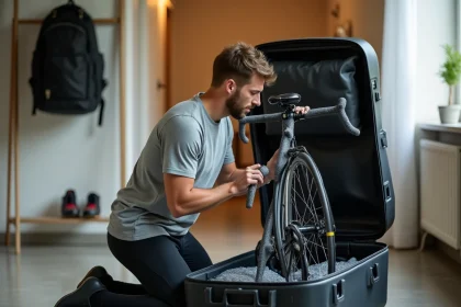 Homme préparant son vélo de route dans une housse de voyage rigide avant un vol en avion