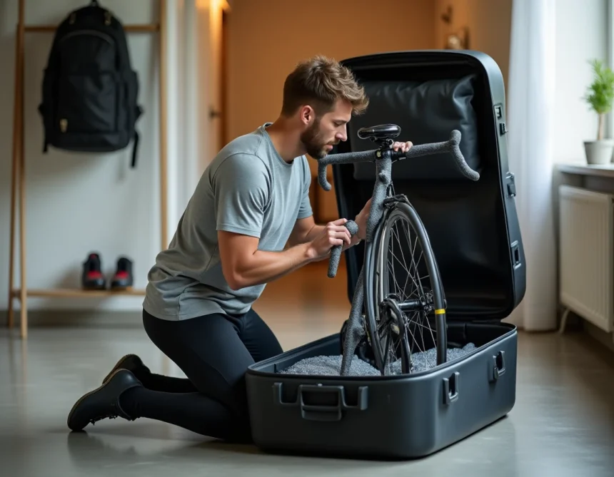 Homme préparant son vélo de route dans une housse de voyage rigide avant un vol en avion